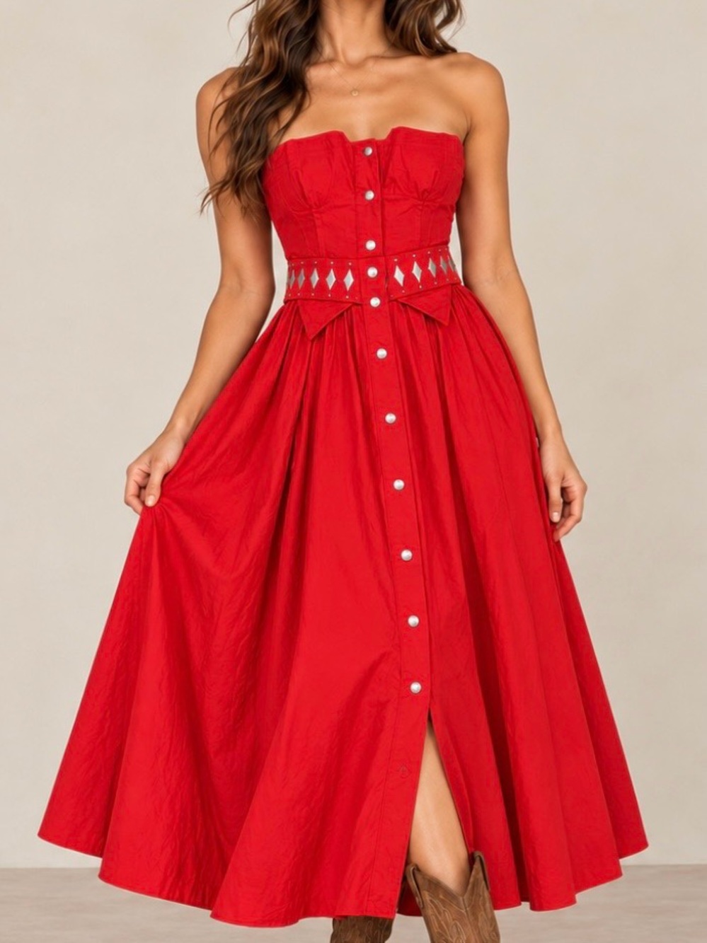 Vintage Sybil Red Strapless Midi Dress Studded Belt Western Pinup Rodeo Size 8